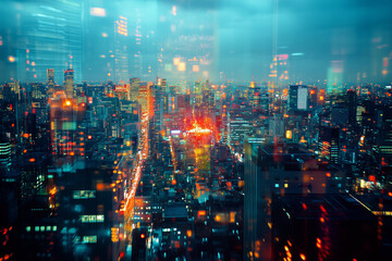 Obraz premium Dynamic cityscape illuminated by vibrant lights at dusk