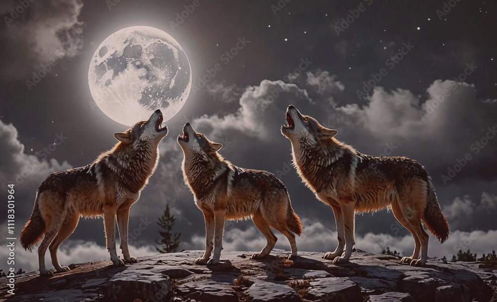 Poster three wolves are standing on a rocky hillside, howling at the moon. the image has a moody and myster