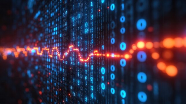 Abstract Digital Background with Colorful Binary Data and Waves