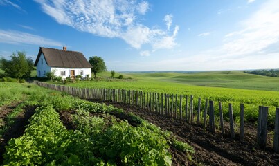 Idyllic thatched cottage on a sunny day, overlooking vast green fields and a vegetable garden.