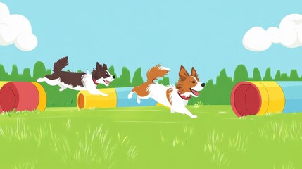 Fototapeta premium A dog agility training course, with dogs running through tunnels and jumping over hurdles.