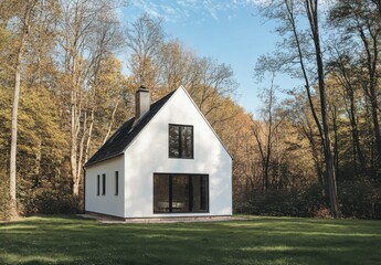 Modern Minimalist House in Serene Forest Setting Surrounded by Lush Trees and Bright Sky, Perfect for Nature Lovers and Tranquil Retreats