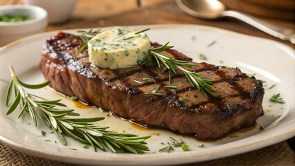 Grilled New York strip steak with a dollop of herb butter