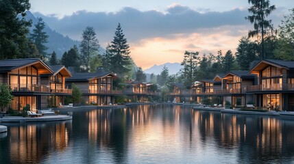 Fototapeta premium Luxurious chalet houses by a serene lake at sunset. Tranquil mountain resort with modern homes reflecting on still water. Peaceful and scenic.