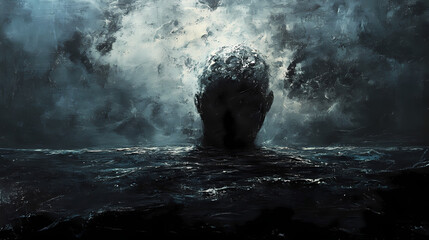 A dark ocean with no horizon in sight, symbolizing the infinite void and uncertainty in a world devoid of purpose. Void. Illustration