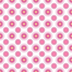White and pink geometric background design. Seamless pattern. Small mandalas in tribal style. Ethnic pattern	