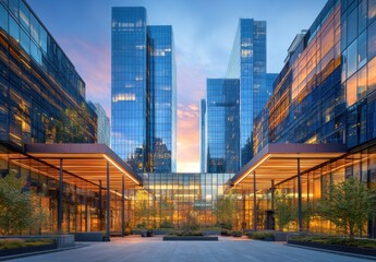 Obraz premium Modern Urban Cityscape with Glass Buildings Reflecting Sunset Colors in a Bustling Metropolitan Environment