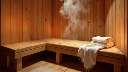 Traditional sauna room with soft lighting and bath towels with wooden interior. Steaming, relaxing rest