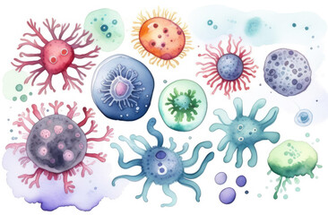 Watercolor set of cartoon bacteria macro view, coccus cells, biological background