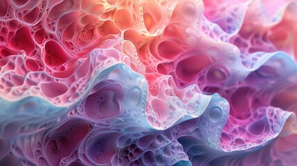 Abstract colorful organic texture with pastel pink, blue, and orange hues, resembling a porous, flowing structure.