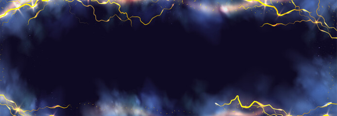 Powerful electrical current energy. Flash of lightning in a magic frame. Neon discharge in smoke effect.
