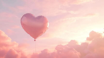 Fototapeta premium Clouds of Love: A Heart-Shaped Balloon Floating Among Pink Clouds