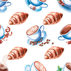 Seamless pattern on the theme of coffee and pastries. Watercolor illustration with cups of coffee for the design of coffee shops, packaging, menus, printing on textiles, kitchen interiors.