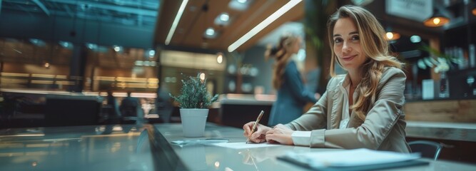 Fototapeta premium Woman sitting at a desk in a modern cafe, writing. Concept of working in a casual setting. For business and lifestyle content.
