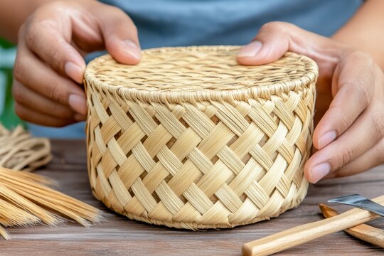 A craftsman weaving a traditional basket, with tools and raw materials spread out around them