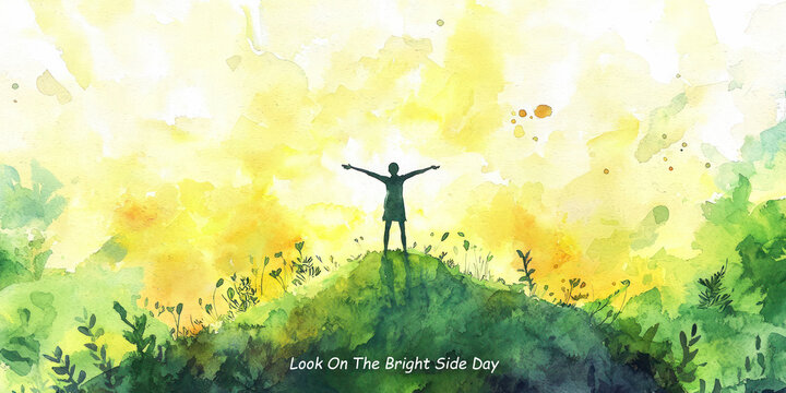 Watercolor illustration of a person standing on a hill with arms outstretched under a bright sky, celebrating Look On The Bright Side Day.