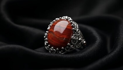 Fototapeta premium A stunning red Sardonyx stone ring with intricate silver detailing resting atop elegant black fabric