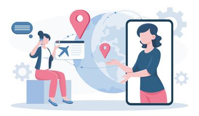 Woman talk with travel agent. Tour agent with client chooses flight destination. Travel and tourism. Holiday and vacation. Flat vector illustration