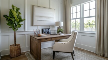 Bright home office with wood desk, chair, and window.
