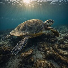 Obraz premium A lonely sea turtle lost at sea