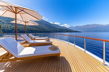 A detailed photo of a cruise ship deck with sun loungers, parasols, and an infinity pool overlooking the sea