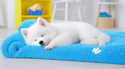 Serene Slumber: An adorable Samoyed puppy drifts off to sleep, snuggled on a plush blue bed, a picture of peacefulness.