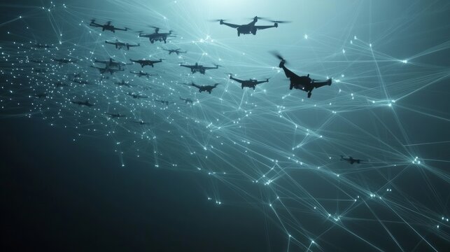 Swarm of drones flying in formation, connected by a network.