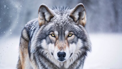 Obraz premium Intense Close-Up of a Gray Wolf in a Snowy Winter Scene