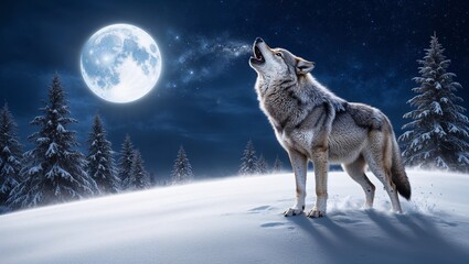 Naklejka premium Lone Gray Wolf Howling at the Full Moon on a Snowy Night