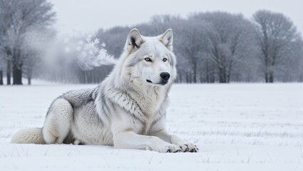 Majestic White Wolf Resting in a Snowy Winter Landscape