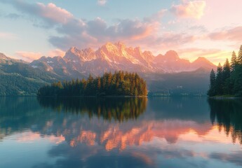 Fototapeta premium Serene Mountain Landscape with Reflective Lake at Sunset, Majestic Peaks Illuminated by Golden Hour Light, Idyllic Nature Scene for Travel and Adventure Enthusiasts