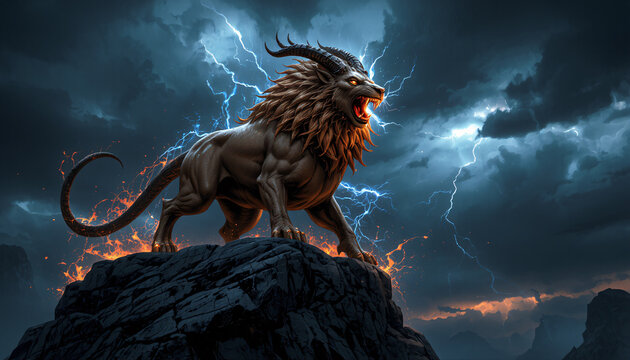 A fierce chimera with the head of a lion the body of a goat and the tail of a serpent