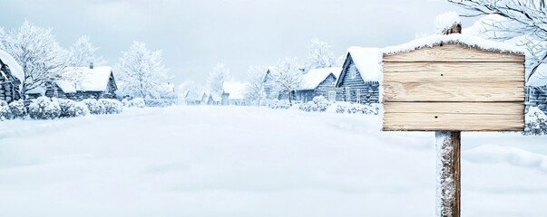 Naklejka premium Christmas sign mockup, A serene winter landscape featuring snow-covered ground and houses, with a blank signpost inviting messages or directions.