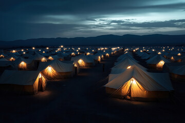 Large refugee camp at night. Many tents light up. Night view. Somber scene. Hardship. Humanitarian crisis. People seek refuge in simple tents. Relief efforts underway. Despair, hope coexist. View of