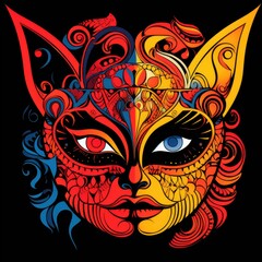 Vibrant cat woman mask features bold colors and intricate designs, showcasing artistic flair