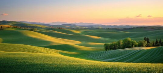 Obraz premium Serene Rolling Hills of Green Fields at Sunset with Golden Light and Gentle Curves in the Countryside of Tuscany