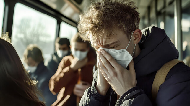 Young man sneezes on a bus filled with masked travelers during a tense spring journey in Europe