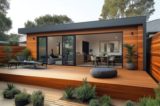 Modern home extension in Melbourne featuring deck patio, courtyard. Stylish wooden cladding, large glass doors provide indoor-outdoor flow to open plan interior. Outdoor furniture, landscaping