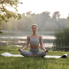 Fototapeta premium Peaceful Outdoor Meditation by the Lake at Sunrise