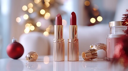 Two Luxurious Lipsticks Resting Near Festive Ornaments