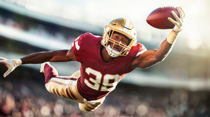 Dynamic leap of an American football player showcasing athleticism in a vibrant stadium during a thrilling game moment