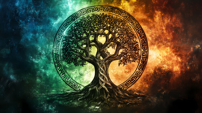 Tree of life, yggdrasil, futhark runes circle, norse mythology, viking, celtic, vintage colored background. Runes. Illustration