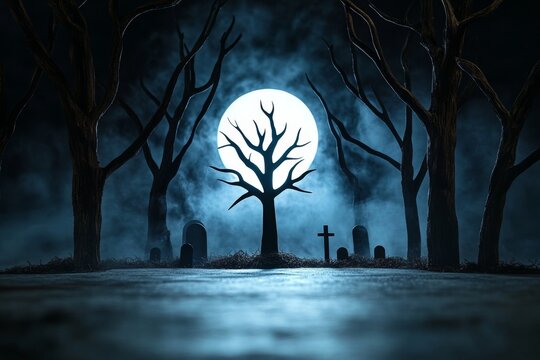 A gothic-style crowd gathered in a misty graveyard, illuminated by faint moonlight and surrounded by dark, shadowy trees
