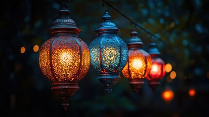 Illuminated Moroccan lanterns hanging outdoors at night.