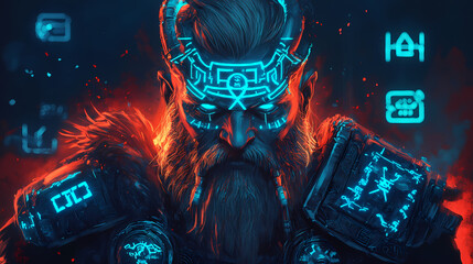 Viking warrior with glowing runes and advanced cybernetic armor. Runes. Illustration