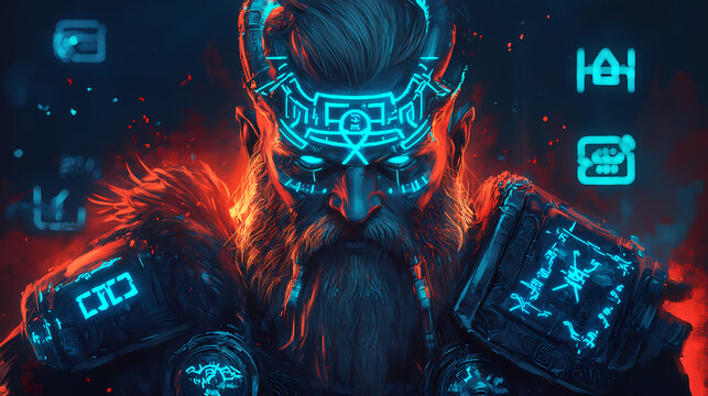 Viking warrior with glowing runes and advanced cybernetic armor. Runes. Illustration