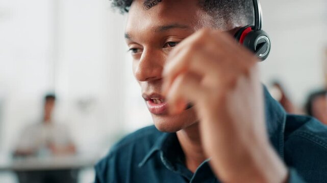 Call center, representative and talking on microphone with customer service, banking inquiry or payment processing. Finance, man and headset for assistance on client account update or refund request
