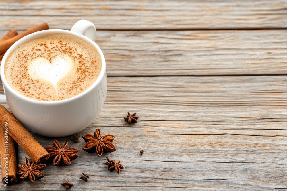 Poster a high-resolution image of a coffee cup with foam art, set against a rustic wooden background with s