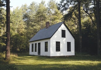 Serene White Cottage Surrounded by Lush Green Trees in a Peaceful Forest Setting, Perfect for Tranquil Getaways and Nature Retreats