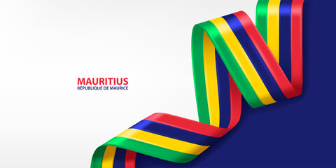 Obraz premium Mauritius 3D ribbon flag. Bent waving 3D flag in colors of the Mauritius national flag. National flag background design.